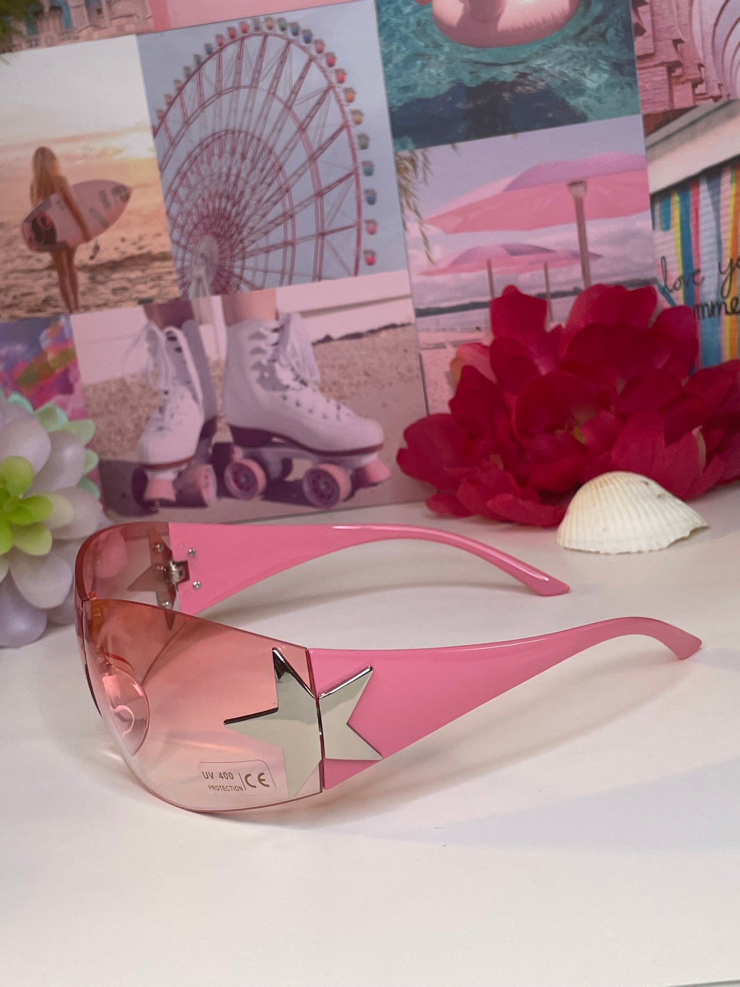 Make A Wish rimless transparent oversized silver star design Y2K sunglasses (color options)
