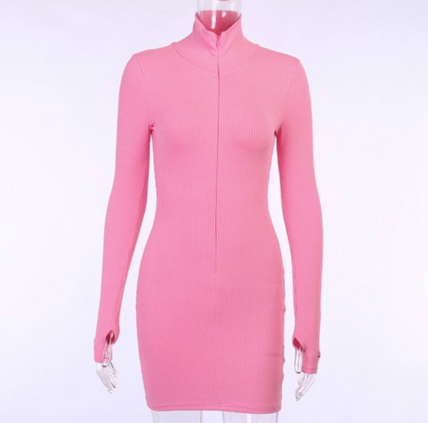Always Ready high collared half zipper cuffed embroidered ribbed dress (S-L) pink