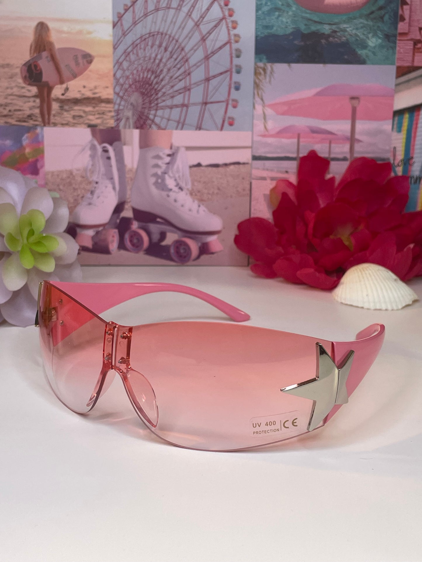 Make A Wish rimless transparent oversized silver star design Y2K sunglasses (color options)