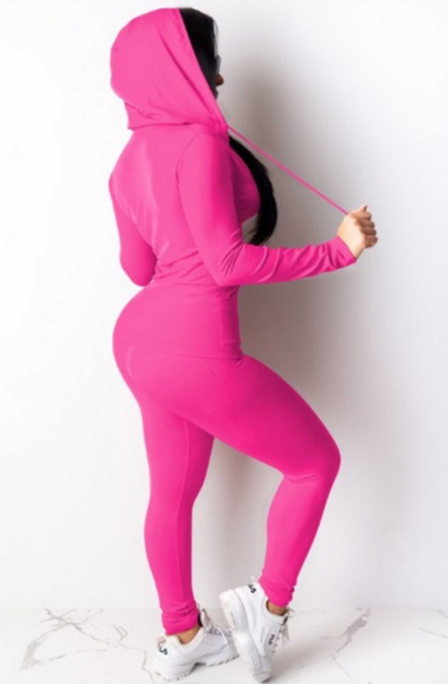 Off Guard bodycon two piece zip up drawstring hoodie pants set (S-L) hot pink