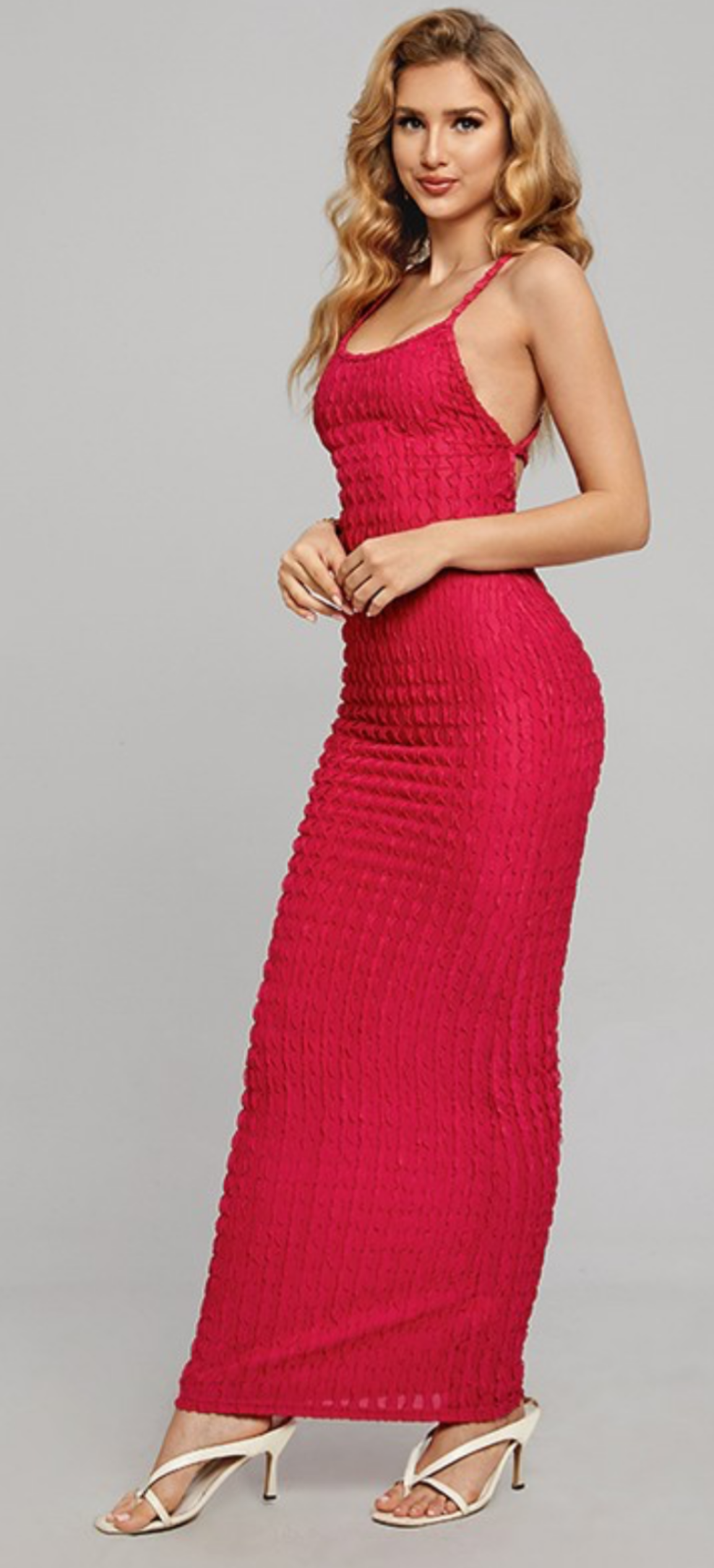 Beach Babe ankle length backless spaghetti strap popcorn dress (S-L) red