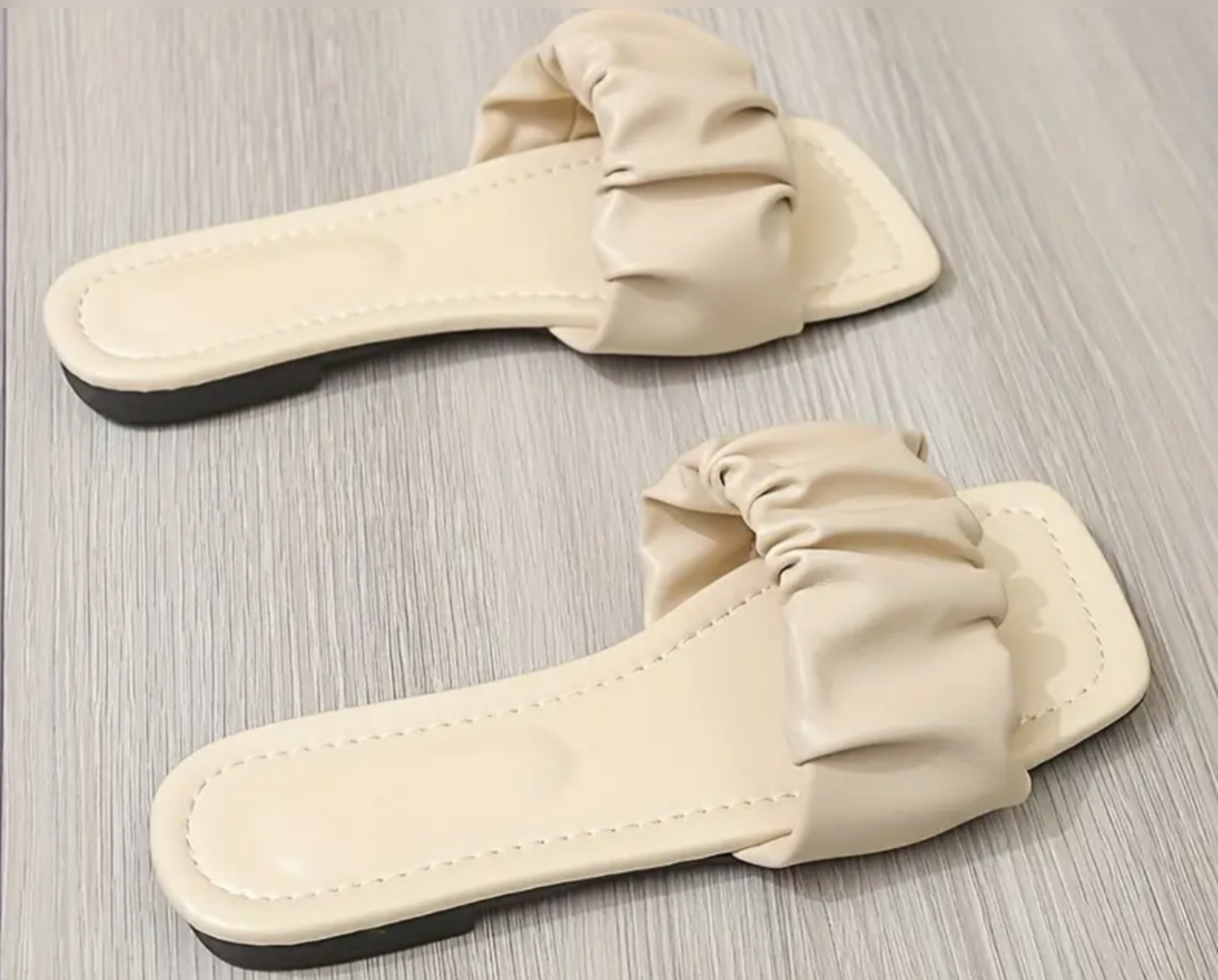 No Worries ruched open toe outdoor flat square slides (color options)