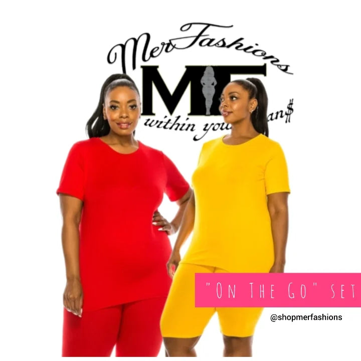 On The Go crew neck short sleeve solid color two piece biker short set PLUS (1X-3X) red, golden yellow