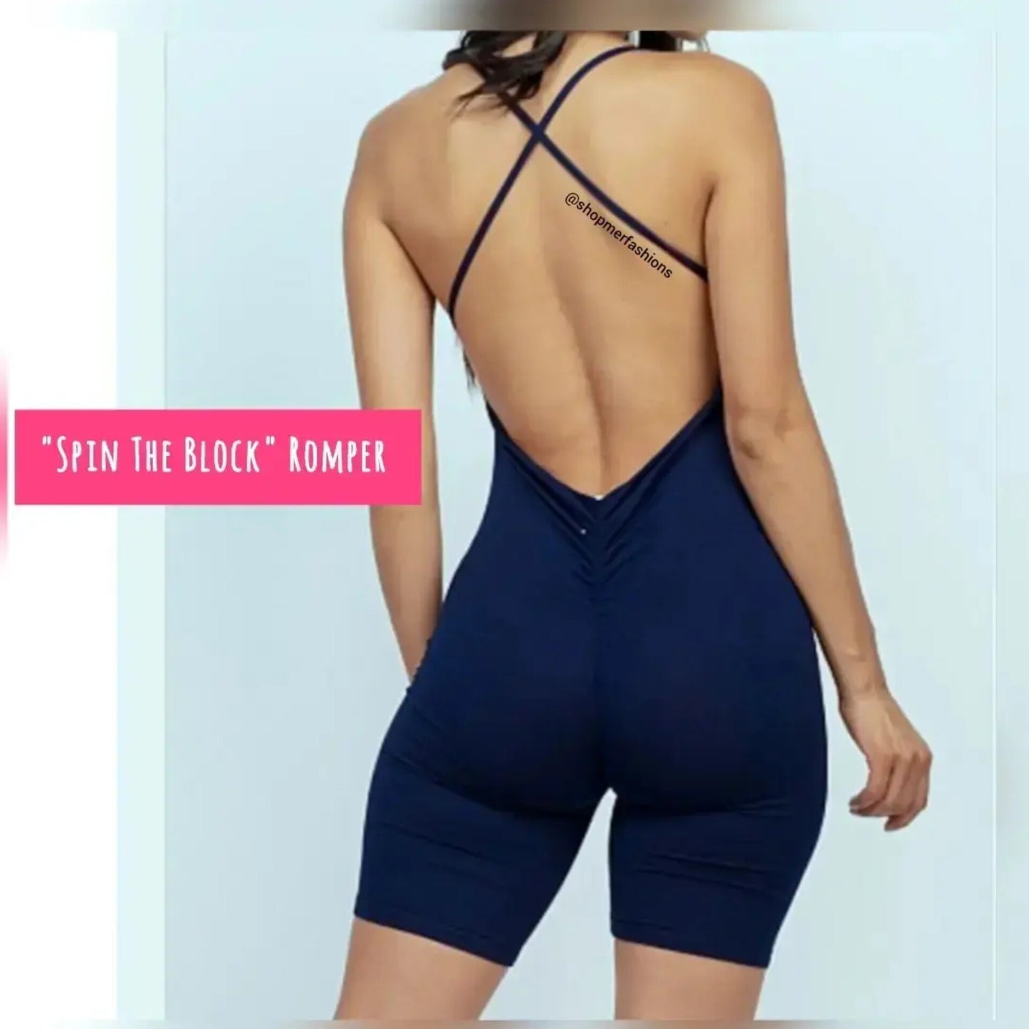 Spin The Block crisscrossed bodycon spaghetti strap biker short romper (S-L) black