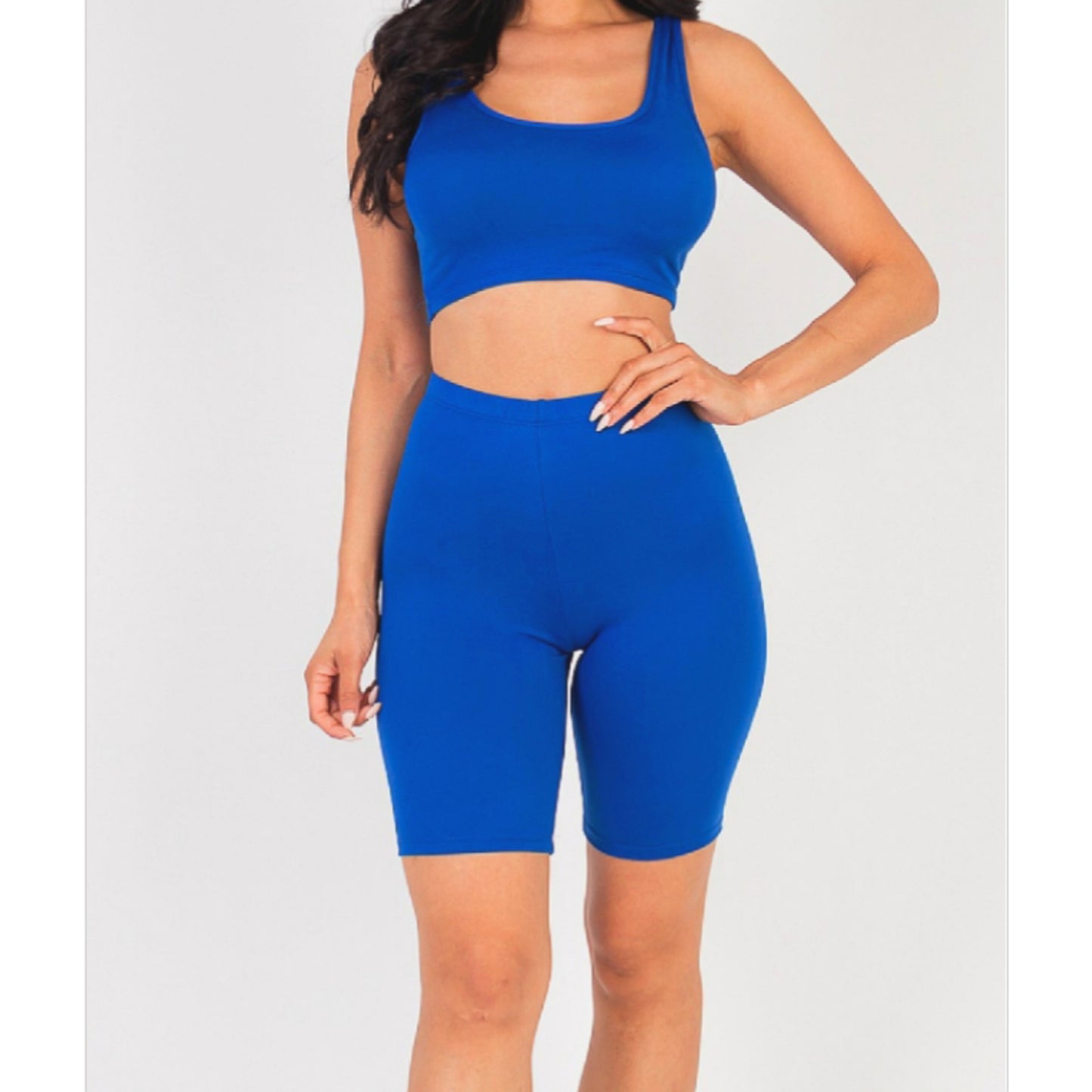 Out The Blue solid color U- neck sleeveless crop tank biker short set (S-L) royal blue