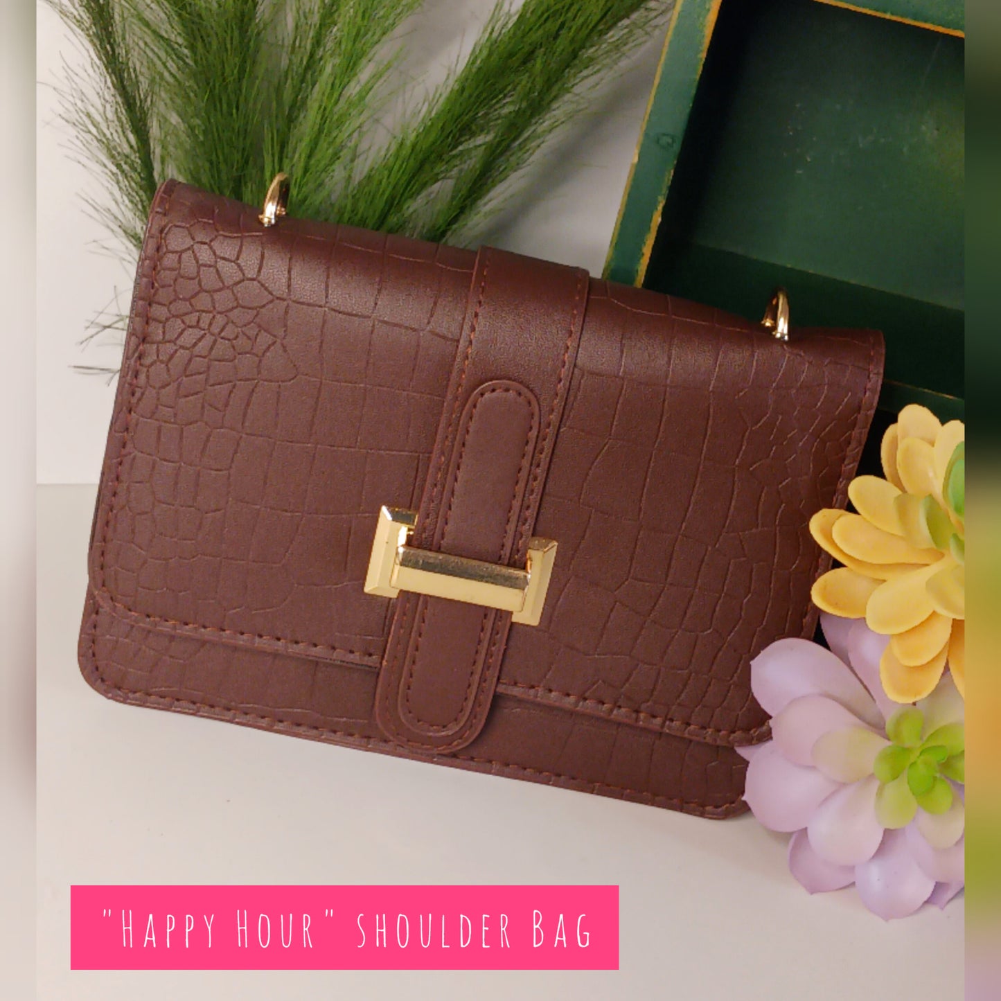 Happy Hour stone pattern flap buckle PU leather gold design crossbody shoulder bag w/gold chain (color options)