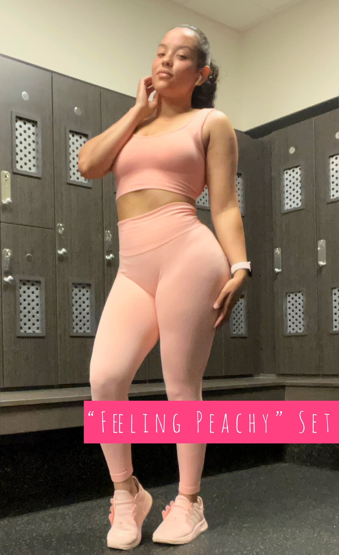 Feeling Peachy ribbed removable cropped sports bra tank top pants set (S-L) peach