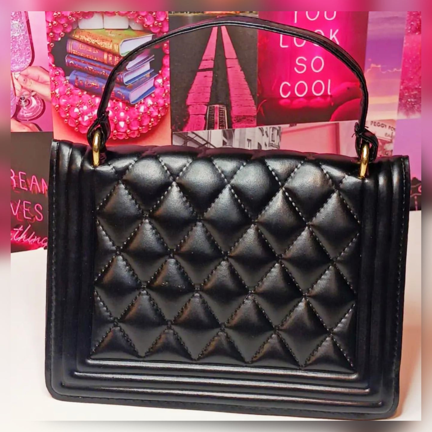 Black Out diamond pattern quilted flap over handbag (black)