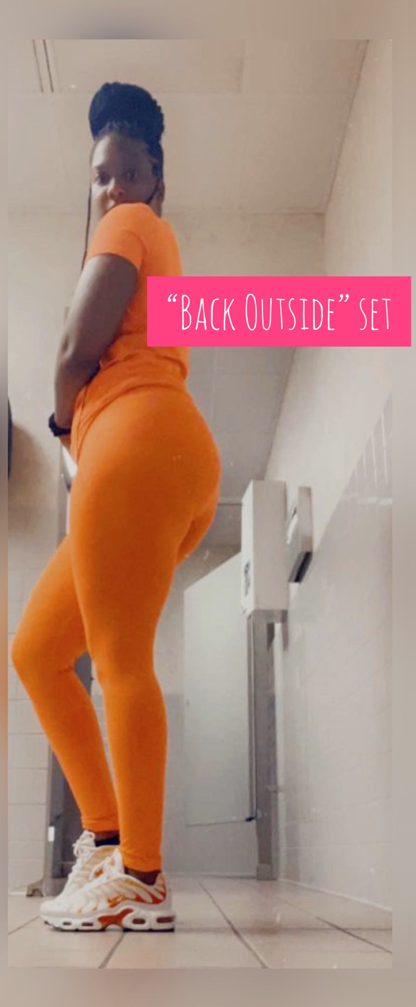 Back Outside round neck short sleeve bodycon solid color pants set (S-L) Neon Orange