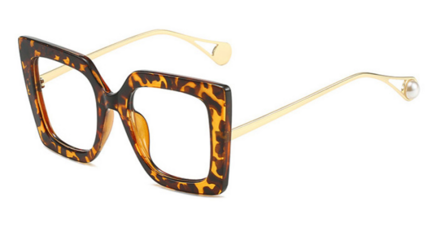 Good girl oversized square gold frame anti-blue light pearl glasses