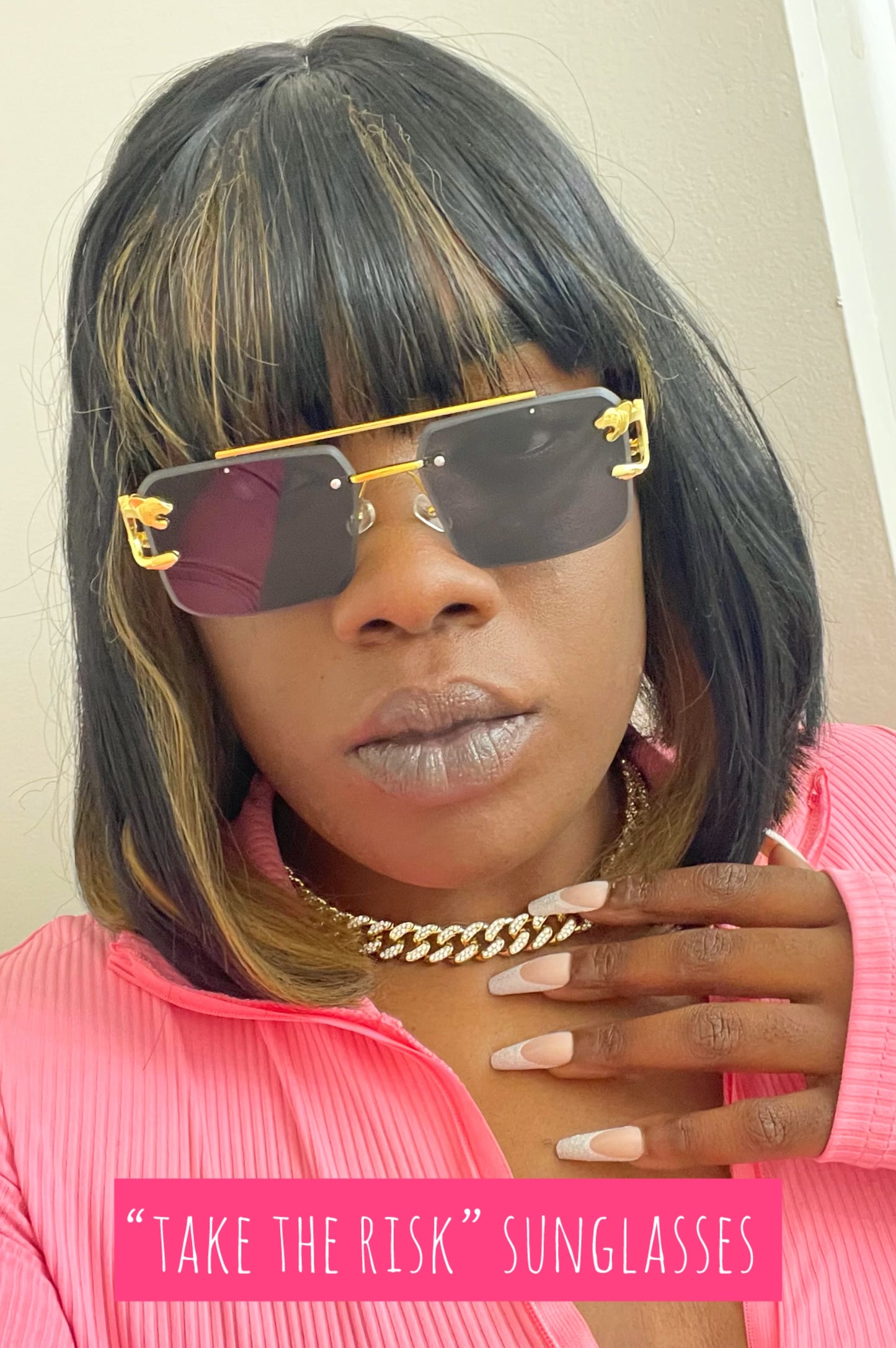 Take The Risk gold leopard design metal rimless square sunglasses (color options)