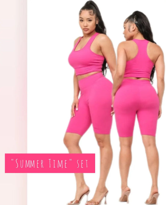 Summer Time racerback crop top biker short set (Fuchsia)