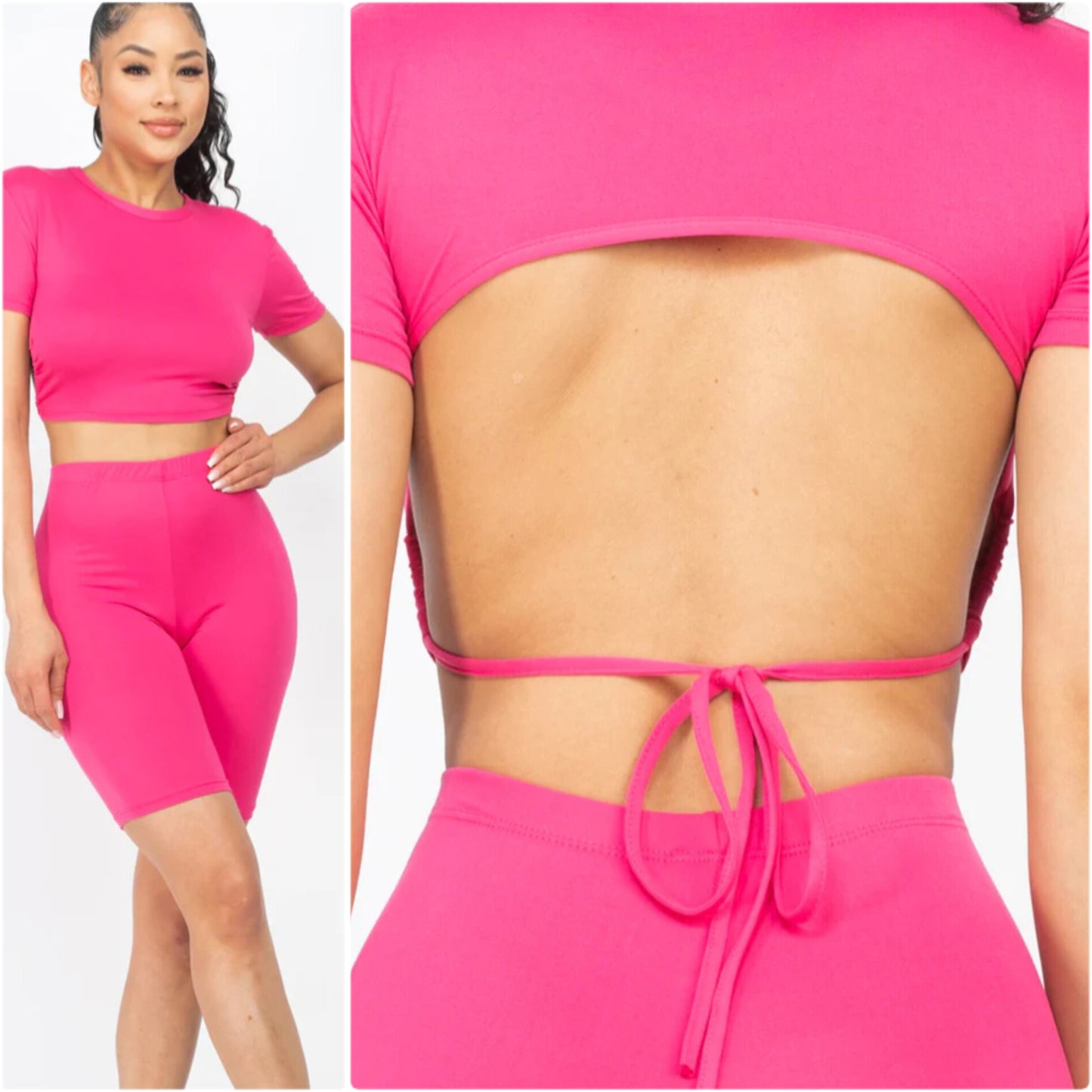 Hidden Agenda backout crop top biker short set (Fuchsia)