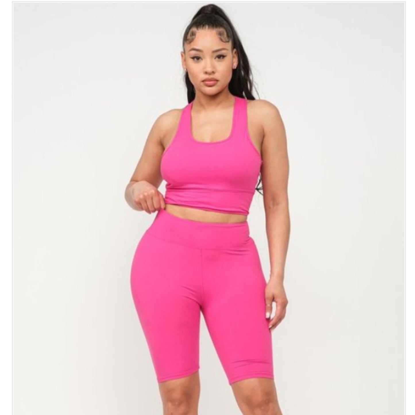 Summer Time racerback crop top biker short set (Fuchsia)