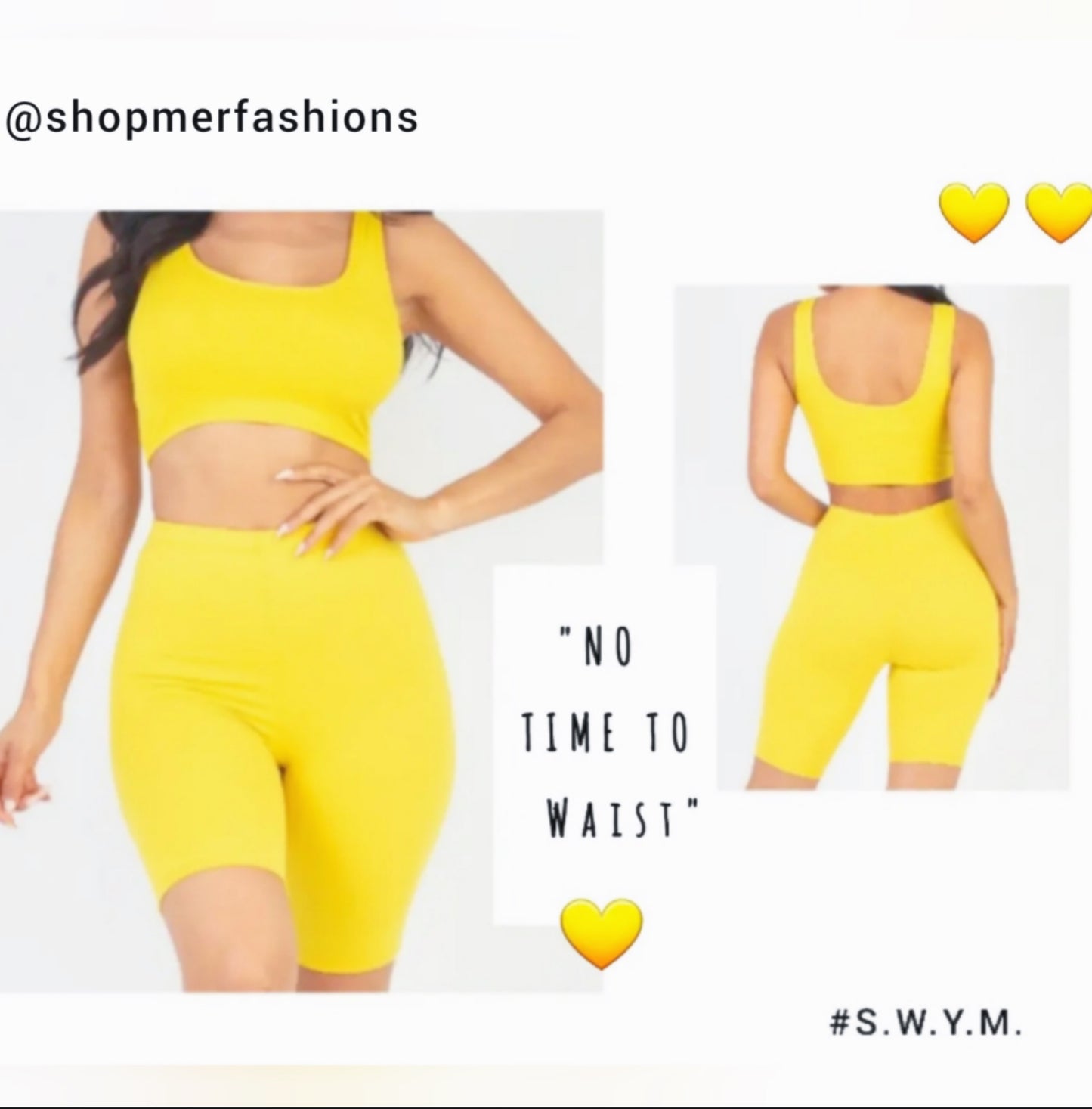 No Time Too Waist crop tank biker short set (Yellow)