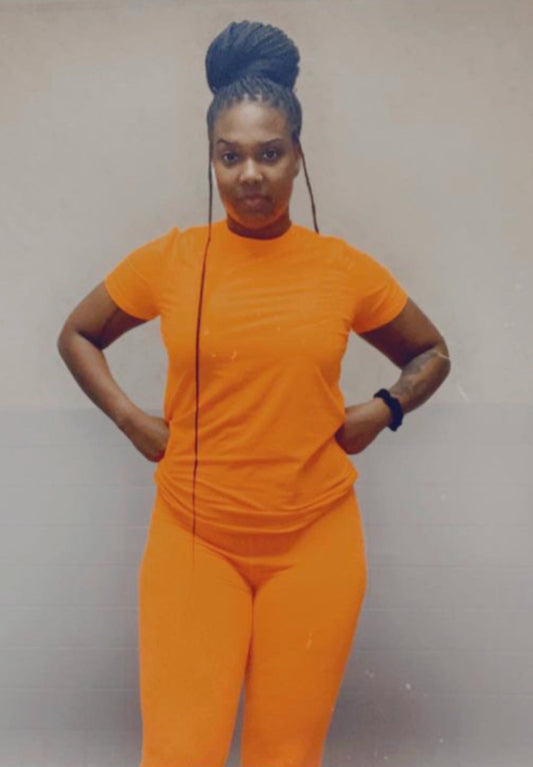 Back Outside round neck top pants set (Neon Orange)