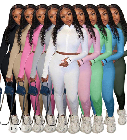 Lucky Babe cuffed high zip-up collard cropped ribbed jacket pants set (S-XL) color options